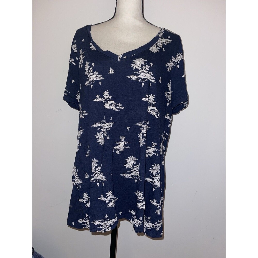 Old Navy Tropical Palm Tree Boat Hawaiian Style Top Blouse  T-shirt XXL